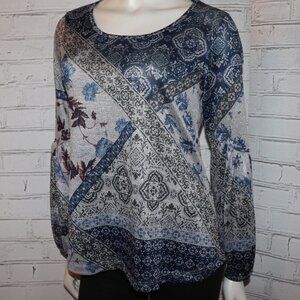 💙✨ Blue & Cream Long Sleeve Blouse · One World · Size Small